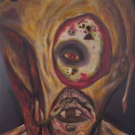 Image similar to portre of an autistic demon on acid, masonic and kabalistic symbols in background, oil painting