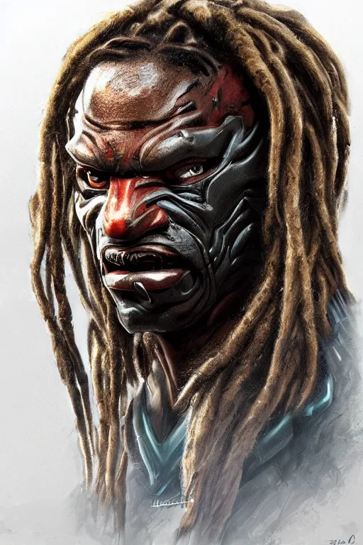 Prompt: predator 1 9 8 7 face redesign, portrait, highly detailed, dreadlocks, mandables, digital painting, trending on artstation, concept art, illustration