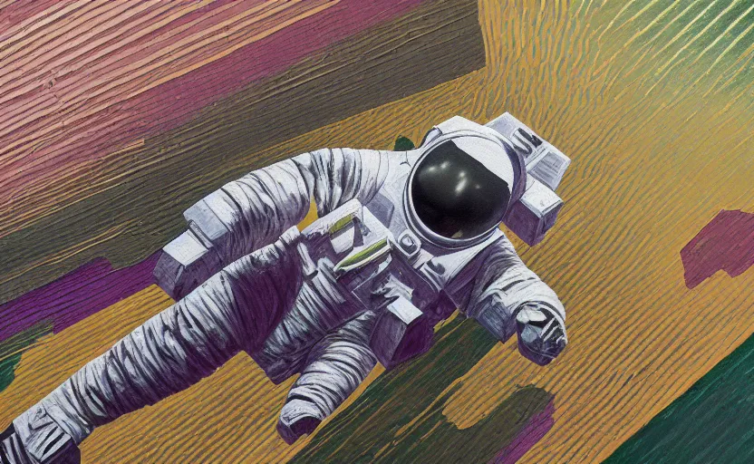 Prompt: insane _ detail _ textured _ art _ deco _ painting _ of _ astronaut _ full _ body _ flying _ from _ bottom _ left _ to _ top _ right _ muted _ greens _ and _ browns _ geometric _ gold _ and _ deep _ purple