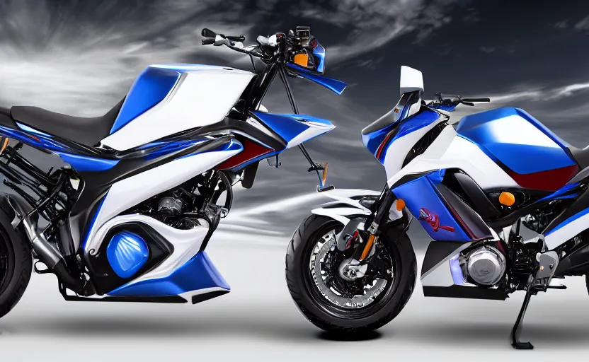 Prompt: prototype, futuristic touring motorbike, wipeout fusion style, show room in background, symmetrical mechanical features, slick tires, designed by professional, smooth curvatures, brushed red and blue paint, hard surfaces modelling, dramatic lighting, hyper realistic rendering, depth of field, bokeh effect, 4 k