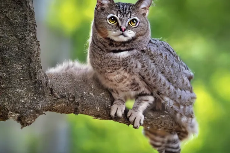 Prompt: a cat owl!!! hybrid! hyper realistic!! realistic lighting!! wildlife photographer of the year!!! bold natural colors, national geographic, hd, wide angle, 8 k