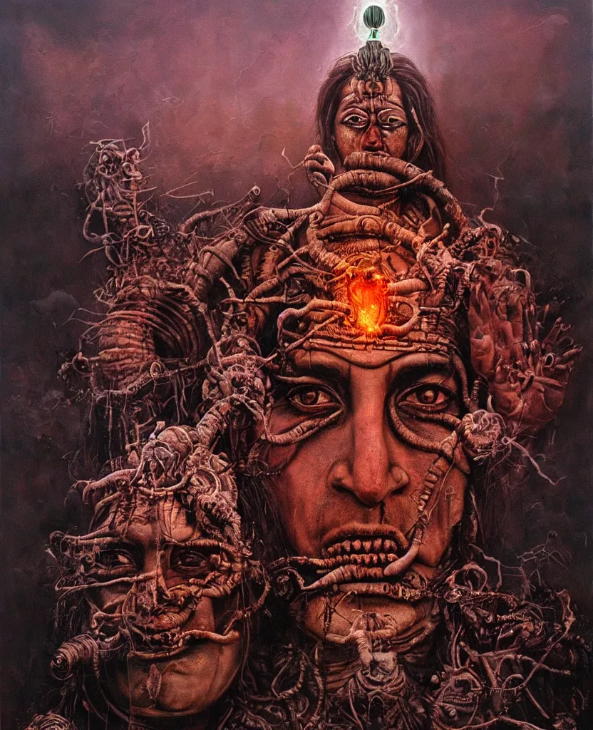 Prompt: One Shiva. Against the backdrop of a nuclear explosion. Dark colors, high detail, hyperrealism, horror art, masterpiece, close-up, zoom, body-horror, ceremonial portrait, representative portrait, solo, macrophoto, art by Greg Broadmore, Esao Andrews, Beksinski