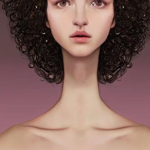 Prompt: a realistic cg rendering, a beautiful girl, long black curly hair, a slightly round face, deep and charming eyes, a touch of blush, a small and exquisite nose, delicate pale pink lips, a symmetrical face, symmetrical eyes, elegant and lovelyin the style of nikolai fechine and klimt