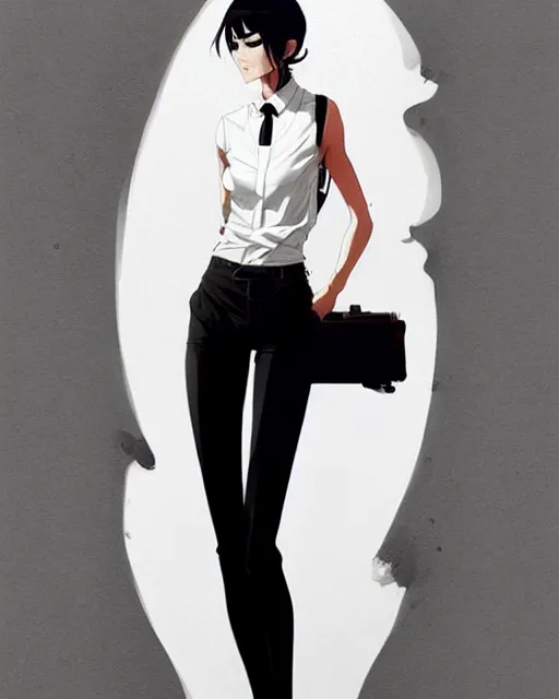 Prompt: a ultradetailed beautiful panting of a stylish woman, she is wearing a white shirt with a tie and black pants, by conrad roset, greg rutkowski and makoto shinkai trending on artstation