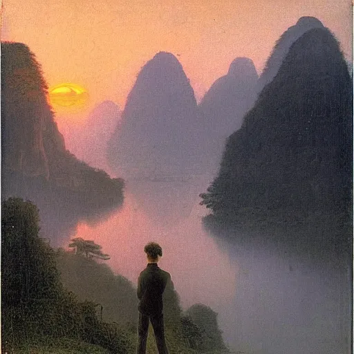Image similar to a young man in guilin, by caspar david friedrich, mist, sunrise