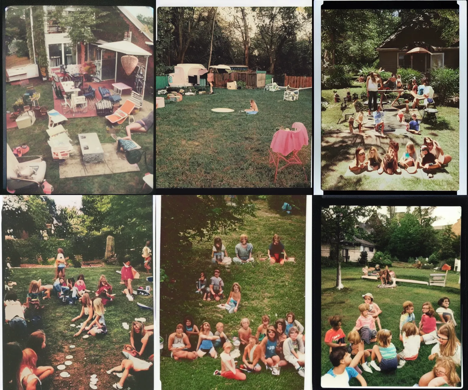 Prompt: 1990s polaroid photo of a backyard with 10 Emma Watsons, nostalgic