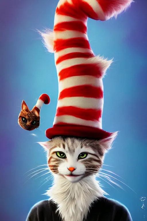 Prompt: complex 3 d render, hyper detailed, ultra sharp, of the cat in the hat, scary, comical, cinematic, natural soft light, rim light, octane render, artstation, art by artgerm and greg rutkowski and alberto seveso, dr seuss