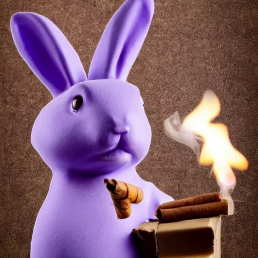 Image similar to a violet rabbit smoking a cigar, stock photo