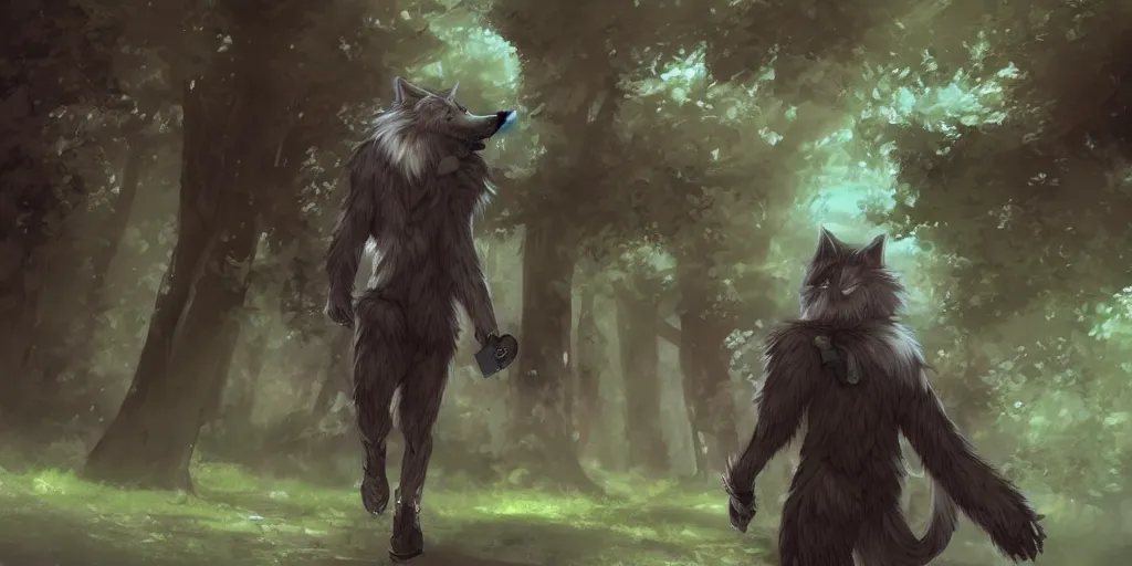 Prompt: anime! art, male anthro wolf furry!, walking at the park, award - winning digital art, cgsociety