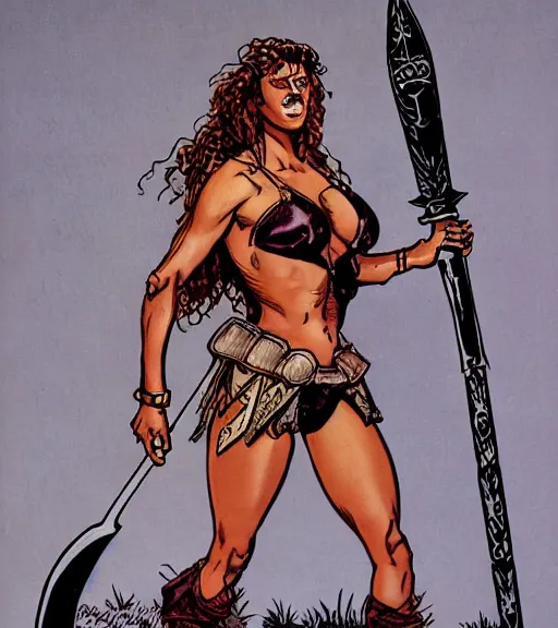 Prompt: 1 9 8 0 s fantasy novel book cover, amazonian eva mendes in extremely tight bikini armor wielding a cartoonishly large sword, exaggerated body features, dark and smoky background, low quality print