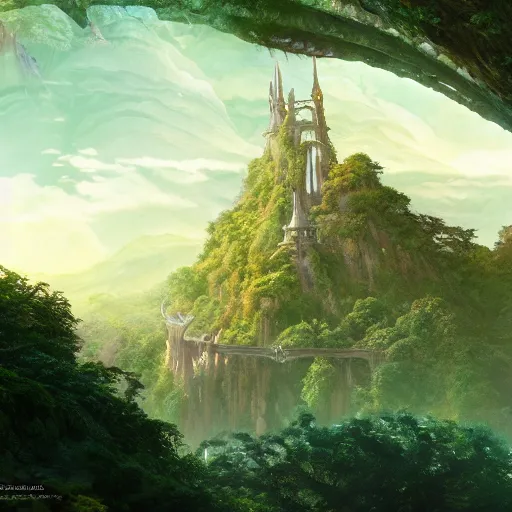 Prompt: rivendell, cinematic composition, Jim Burns, Craig Mullins, wide angle, in the style of hayao miyazaki + brian froud + kim jung gi, studio ghibli, beautiful high detail enhanced 8k render