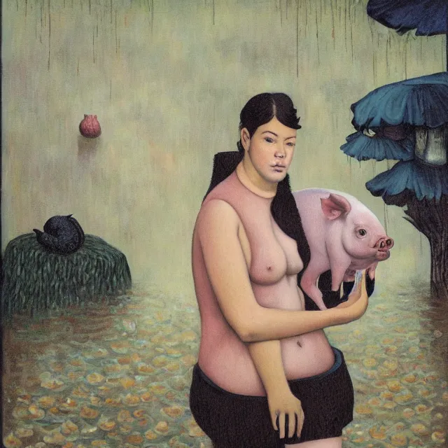 Image similar to tall female emo artist holding a pig in her flooded bathroom, mushrooms, octopus, water gushing from ceiling, painting of flood waters inside an artist's bathroom, a river flooding indoors, pomegranates, pigs, ikebana, zen, river, rapids, waterfall, black swans, canoe, berries, acrylic on canvas, surrealist, by magritte and monet