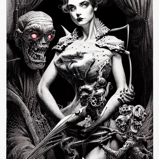 Image similar to portrait soft light, by bernie wrightson and joe fenton and simon bisley, inspired victorian sci - fi, etching, fine, sharp high detail, red and grey, screen print,