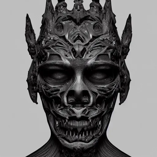 Image similar to a face made of black cast iron. black background. gothic baroque. symmetry. epic. ominous shapes. hyper detailed. photoreal. octane render. trending on artstation.