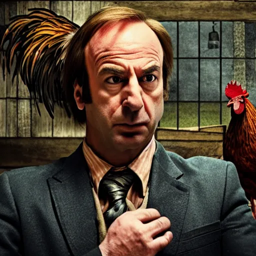 Image similar to saul goodman and a rooster in a medieval torture chamber, saw blades and knives in the background, horror movie, saul goodman, bob odenkirk, rooster!!!!, real life photo, highly detailed face