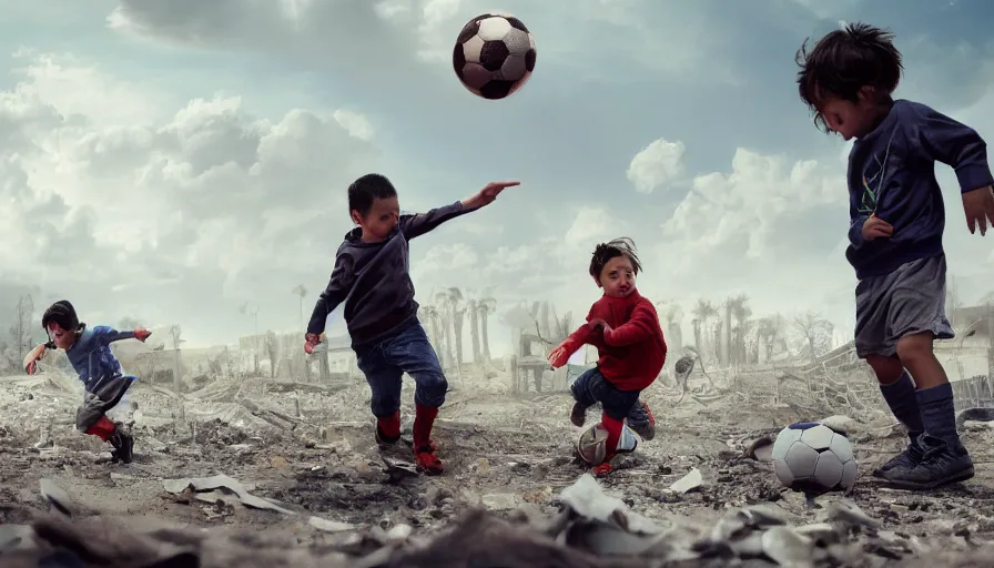 Image similar to kids playing with soccer ball in las vegas ruins, cloudy day, snow dunes, debris, hyperdetailed, artstation, cgsociety, 8 k