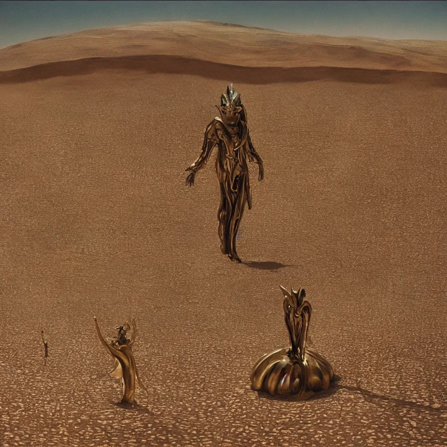 Image similar to portrait of salvador dali wearing a golden horned crown and jewels in a dry sand desert landscape, alien spaceship by giger in the landscape, film still from the movie by alejandro jodorowsky with cinematogrophy of christopher doyle and art direction by hans giger, anamorphic lens, kodakchrome, very detailed photo, 8 k