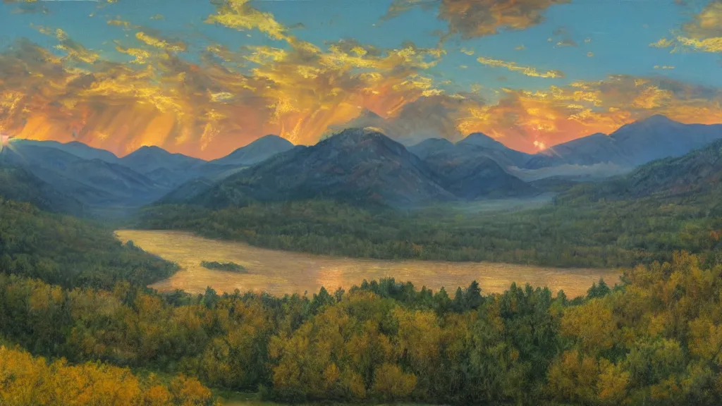 Prompt: The most beautiful panoramic landscape, oil painting, where the mountains are towering over the valley below their peaks shrouded in mist. The sun is just peeking over the horizon producing an awesome flare and the sky is ablaze with warm colors and mammatus clouds. The river is winding its way through the valley and the trees are starting to turn yellow and red, by Greg Rutkowski, aerial view