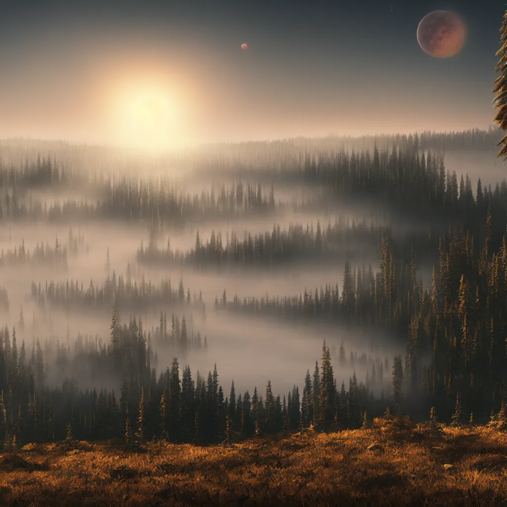 Image similar to epic taiga with a lake, golden hour, misty ground, rocky ground, distant mountains, atmospheric perspective, altostratus clouds, planets, cinematic, 3 5 mm lens, anamorphic lens flare, photographic, octane render, cinematography by roger deakins, in the style of ansel adams