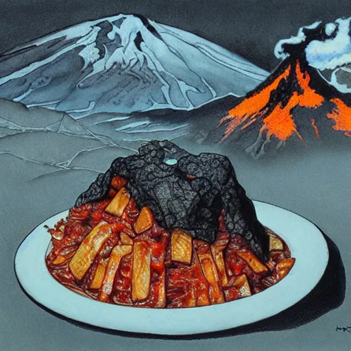 Image similar to poutine ( the canadian meal ) from ngauruhoe ( mount doom ), lava texture, char texture, volcano texture, fire texture, by alan lee, by john howe