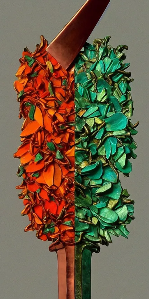 Image similar to a sword made from flower petals in the style of zdzisław beksinski, elegant, copper and emerald, shining