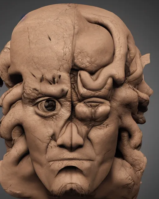 Prompt: planets coming out of a broken renaissance head sculpture, hyper - realistic, in the style of tony santos