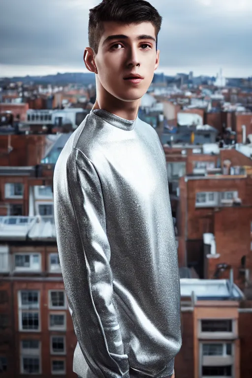 Image similar to un ultra high definition studio quality photographic art portrait of a young man standing on the rooftop of a british apartment building wearing soft padded silver pearlescent clothing. three point light. extremely detailed. golden ratio, ray tracing, volumetric light, shallow depth of field. set dressed.