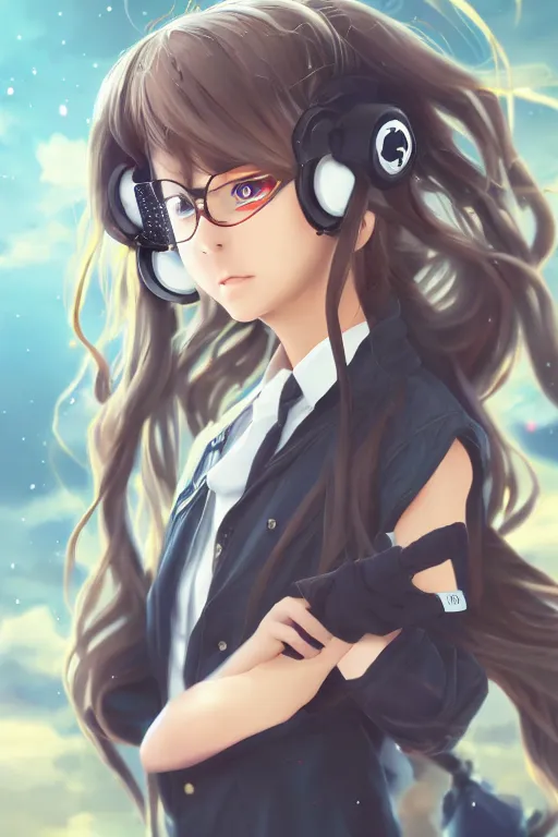 Image similar to anime girl with curly long hair wearing vr goggles and school uniform, aesthetic, wlop, digital painting, trending on artstation, highly detailed, epic composition, official media, 8 k uhd