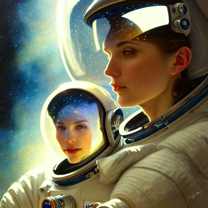 Prompt: astronaut with reflections on visor, diffuse lighting, fantasy, intricate, elegant, highly detailed, lifelike, photorealistic, digital painting, artstation, illustration, concept art, smooth, sharp focus, art by John Collier and Albert Aublet and Krenz Cushart and Artem Demura and Alphonse Mucha