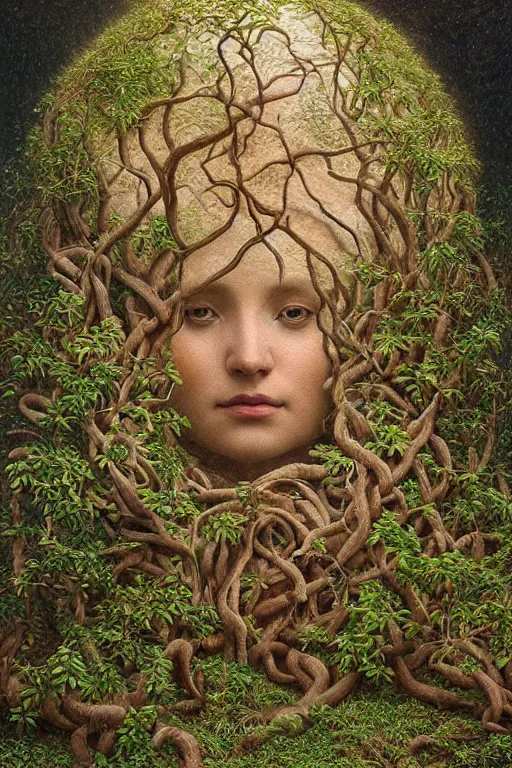 Image similar to Intricate stunning highly detailed portrait of mother earth, 🌱, by agostino arrivabene and Vladimir Kush, surreal, digital painting, ultra realistic, dramatic lighting, twisted vines, lush plants, pristine water, artstation