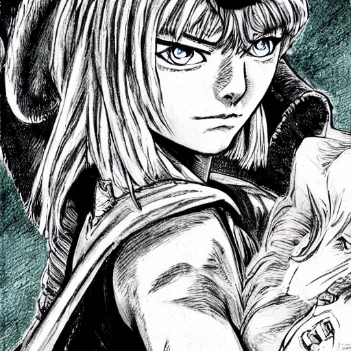 Prompt: Emma Stone as a pirate in the style of Berserk, by Kentaro Miura