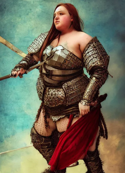 Image similar to hyper realistic photo of medieval chubby beautiful warrior girl, full body, rule of thirds, conceptart, saturated colors