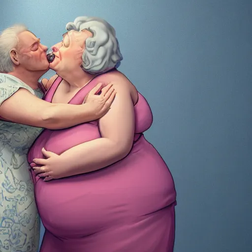 Image similar to of a very funny scene. ambient occlusion render. a sweet fat old woman is in kissing her huge belly. flowery dress. mirror. symmetrical face, red mouth, blue eyes. deep focus, lovely scene. ambient occlusion render. concept art. unreal engine.