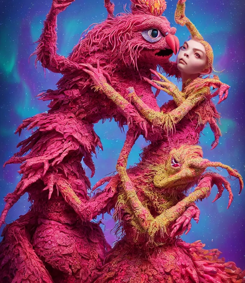 Image similar to hyper detailed 3d render like a Oil painting - kawaii portrait of two Aurora (a beautiful skeksis muppet fae princess protective playful expressive acrobatic from dark crystal that looks like Anya Taylor-Joy) seen red carpet photoshoot in UVIVF posing in scaly dress to Eat of the Strangling network of yellowcake aerochrome and milky Fruit and His delicate Hands hold of gossamer polyp blossoms bring iridescent fungal flowers whose spores black the foolish stars by Jacek Yerka, Ilya Kuvshinov, Mariusz Lewandowski, Houdini algorithmic generative render, golen ratio, Abstract brush strokes, Masterpiece, Edward Hopper and James Gilleard, Zdzislaw Beksinski, Mark Ryden, Wolfgang Lettl, hints of Yayoi Kasuma and Dr. Seuss, octane render, 8k