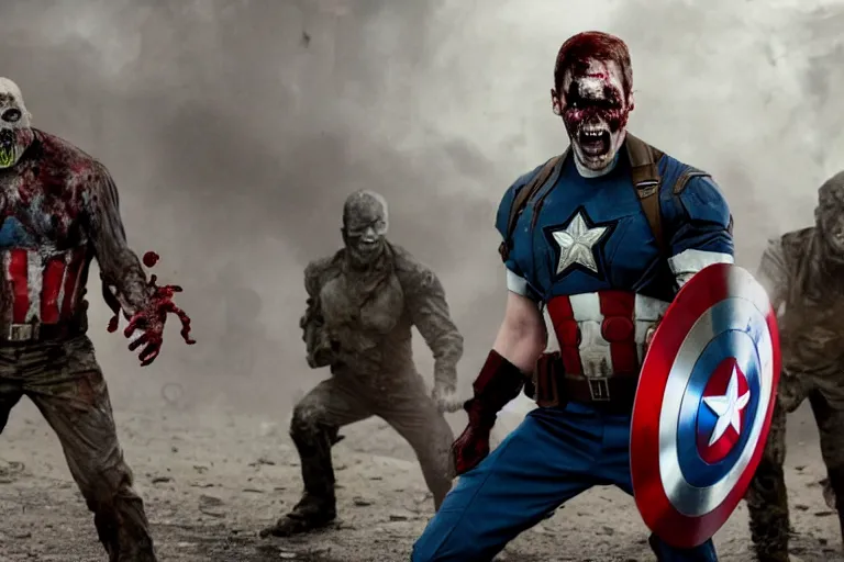 Prompt: film still of zombie zombie Captain America as a zombie in new avengers movie, 4k