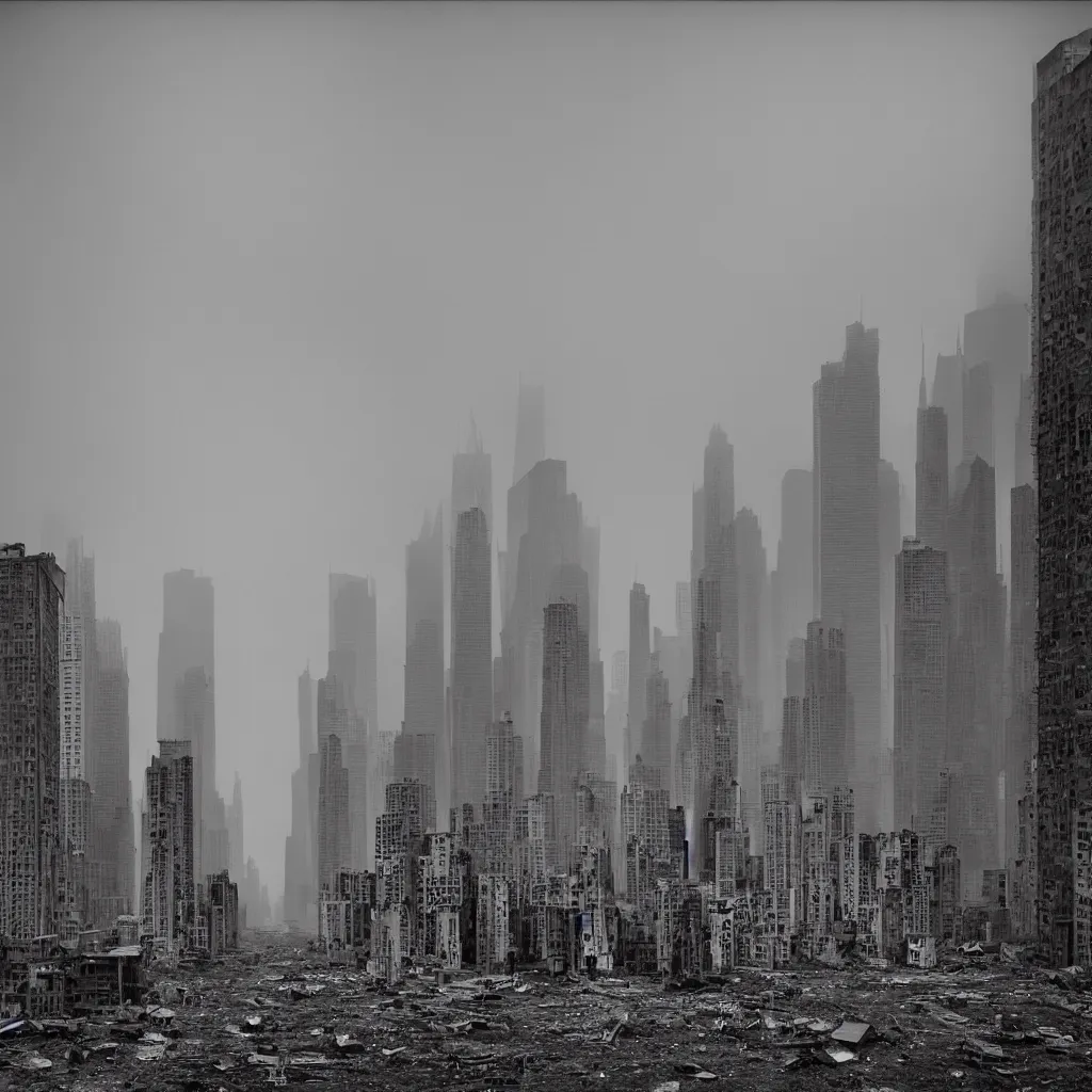 Prompt: skyscrapers made up of makeshift squatter shacks in an abandoned city, misty, dystopia, mamiya rb 6 7, fully frontal view, very detailed, photographed by ansel adams