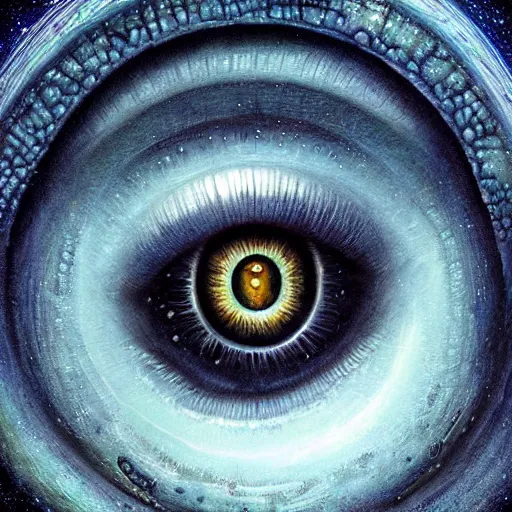 Image similar to low angle shot of a eye with the galaxy in the iris by clive barker, intricate, elegant, highly detailed, centered, digital painting, artstation, concept art, smooth, sharp focus, illustration, artgerm, Tomasz Alen Kopera, Peter Mohrbacher donato giancola, Joseph Christian Leyendecker, WLOP, Boris Vallejo.