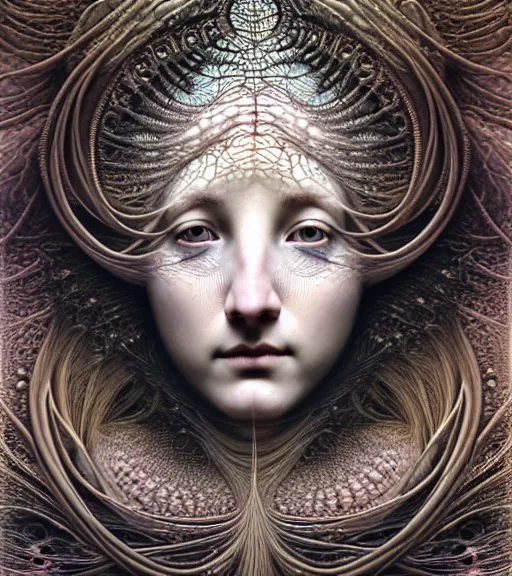 Prompt: detailed realistic beautiful storm goddess face portrait by jean delville, gustave dore, iris van herpen and marco mazzoni, art forms of nature by ernst haeckel, art nouveau, symbolist, visionary, gothic, neo - gothic, pre - raphaelite, fractal lace, intricate alien botanicals, ai biodiversity, surreality, hyperdetailed ultrasharp octane render