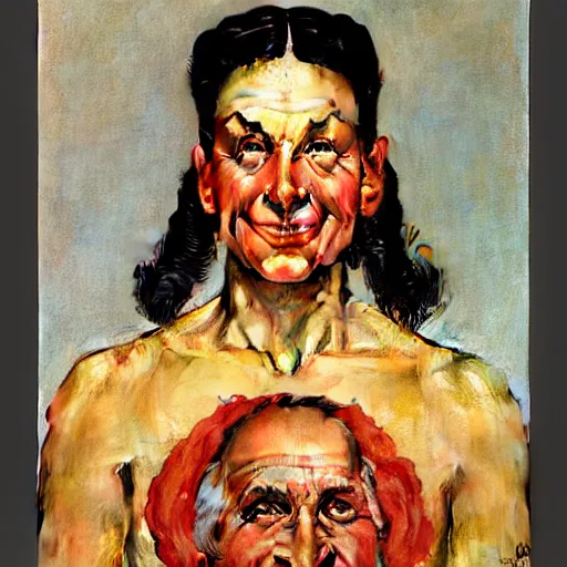 Image similar to Frontal painting of the face of a muscular and happy priestess. A painting by Norman Rockwell.