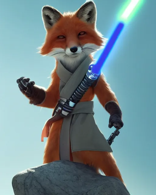 Prompt: one single anthropomorphic fox jedi holding one single lightsaber, posed on a rock. Big bushy tail. digital illustration, very vibrant colors, soft lighting, adventurous, atmospheric lighting, 8K, octane render. By Makoto Shinkai, Stanley Artgerm Lau, WLOP, Rossdraws, James Jean, Andrei Riabovitchev, Marc Simonetti, krenz cushart, Sakimichan, D&D trending on ArtStation, digital art.