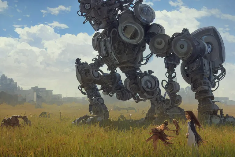 Prompt: A large robot walks across a grassy field towards a small village, highly detailed, digital painting, artstation, concept art, smooth, sharp focus, illustration, art by Esther Wu and alphonse mucha