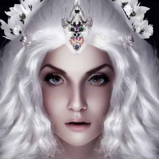 Prompt: portrait of wonderfu princess of white diamonds with fair skin, white hair, white flowers, ornate with white diamonds, 8 k, gorgeous, intricate, detailed, glowing white accent lighting, dramatic lighting, octane render