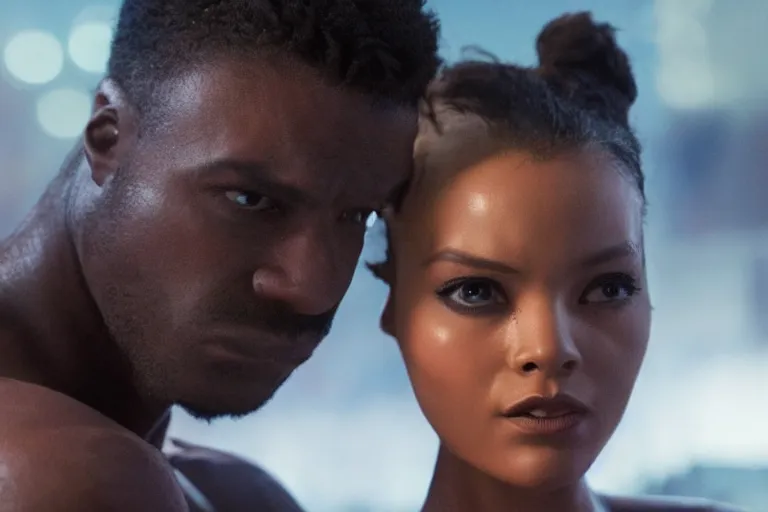 Image similar to movie powerful mutant heroes interracial couple closeup, DC Marvel fashion, VFX powers at night in the city, city street, beautiful skin, natural lighting by Emmanuel Lubezki