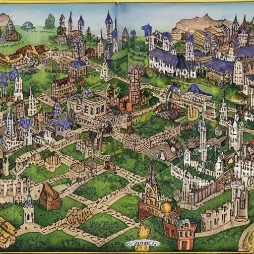 Prompt: map of a fantasy city with a castle, a tempme and a market. very detailed.