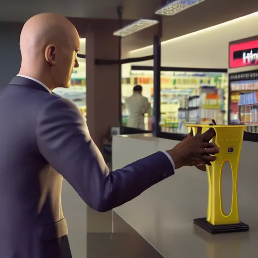 Prompt: hyperrealistic film still of hitman ordering a slurpee at 7 1 1 stunning 3 d render, inspired by istvan sandorfi & greg rutkowski & unreal engine, perfect facial symmetry, dim volumetric cinematic lighting, 8 k octane comprehensive render, extremely hyper - detailed, incredibly lifelike attributes, intricate, real flesh texture, masterpiece, artstation, stunning,