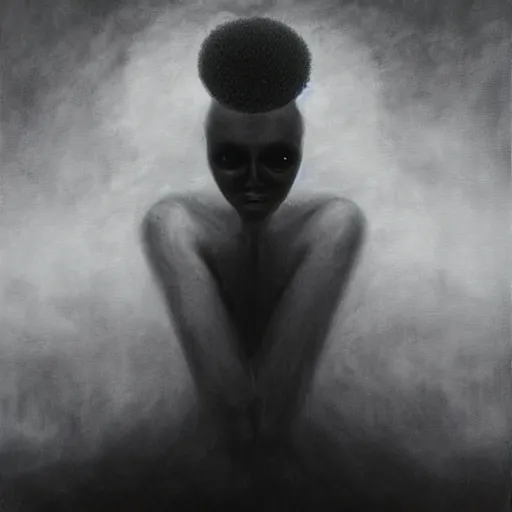 Image similar to black dramatic portrait painting of human with black mandelbrot fractal instead of face, in style of zdzisław beksinski, darkness, horror, body horror, scary,