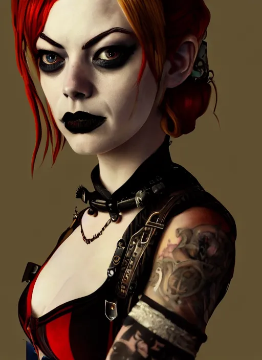 Prompt: goth gothic steampunk portrait of emma stone as harley quinn, hyper detailed, digital art, cinematic lighting, studio quality, smooth render, unreal engine 5, octane rendered, art style by klimt and nixeu and ian sprigger and krenz cushart.