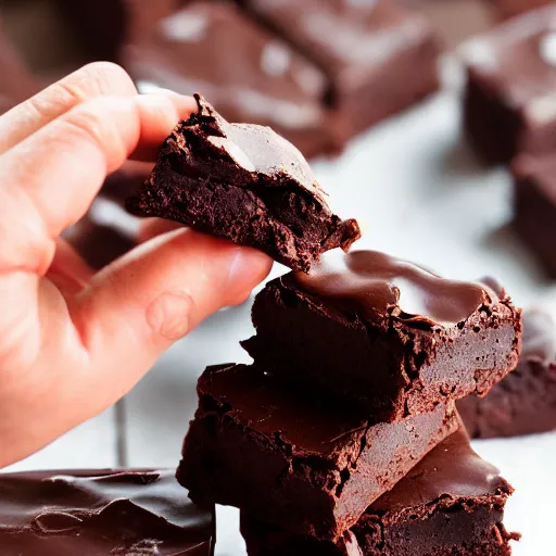 Image similar to a 5 0 mm macro shot of a man eating chocolate fudge brownies, gooey, depth of field, high resolution