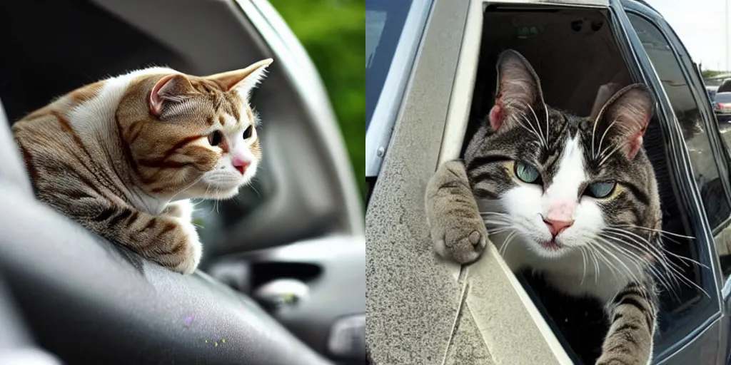 Prompt: a frustrated cat stuck in traffic on the highway