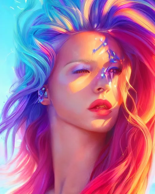 Image similar to summer vibes, beautiful sun tanned goddess portrait, flowy rainbow hair, sun, summer, cinematic lighting, highly detailed, digital painting, trending on artstation, pixiv, concept art, sharp focus, illustration, art by ross tran and wlop